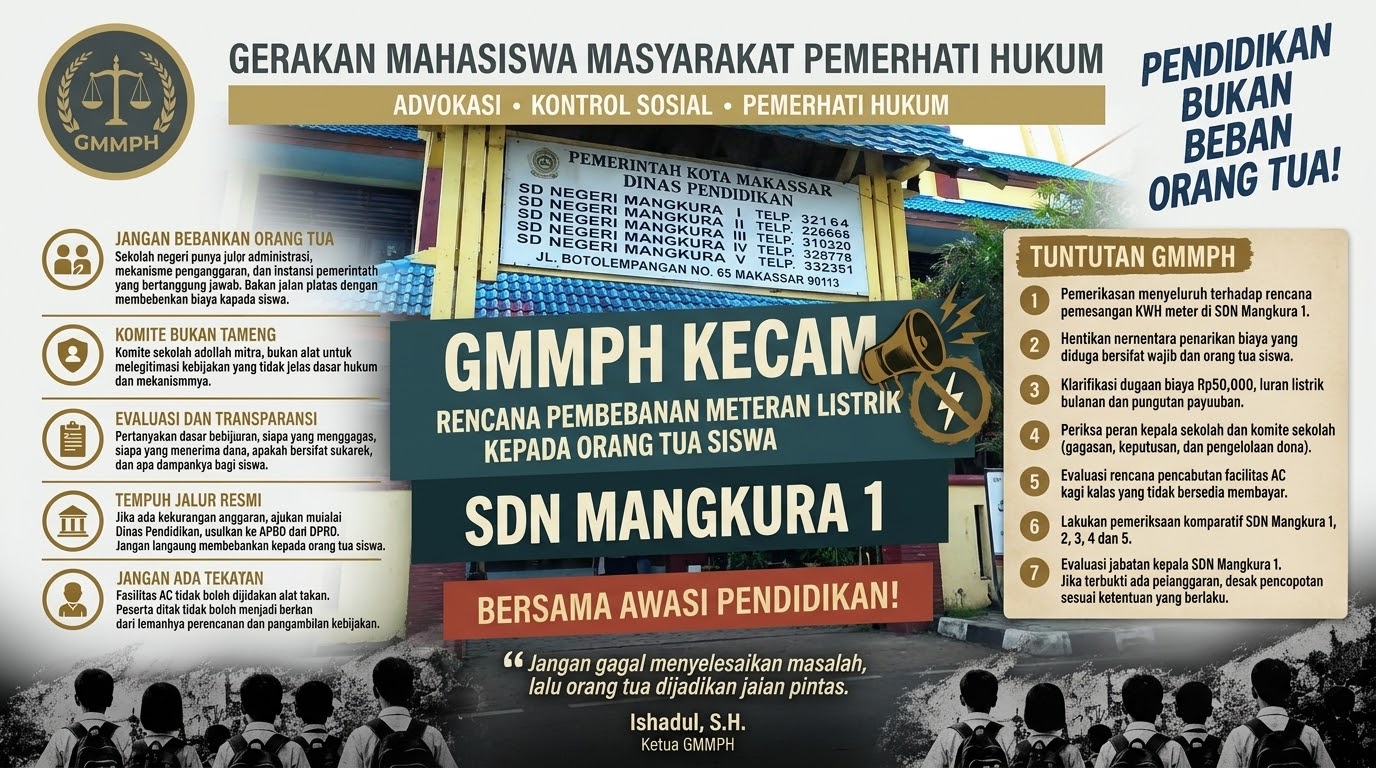GMMPH kecam dugaan pembebanan biaya listrik kepada orang tua siswa SDN Mangkura 1, desak kepala sekolah dievaluasi